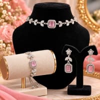 Silver tone floral jewelry set with Baby Pink square stone necklace and bracelet