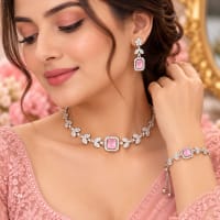 Baby Pink crystal necklace set with matching earrings and bracelet for women