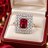 Woman wearing ruby red adjustable statement ring with silver-tone geometric design