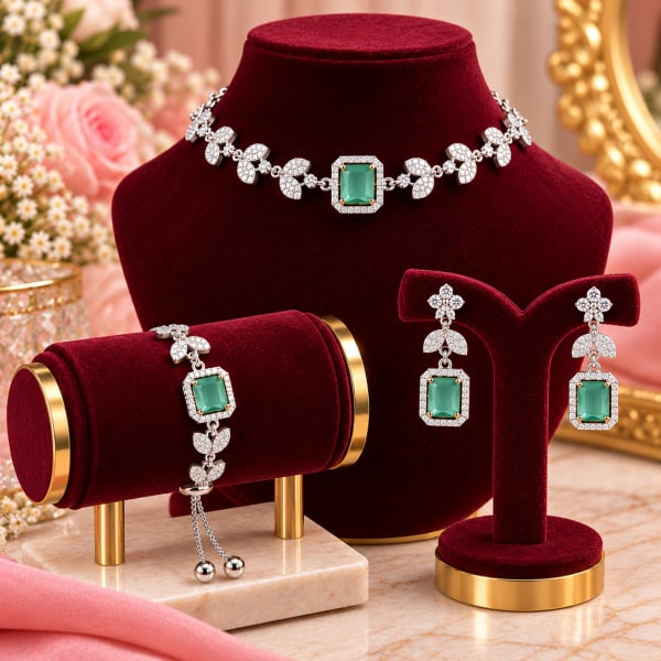 Silver tone floral jewelry set with Aqua Green square stone necklace and bracelet