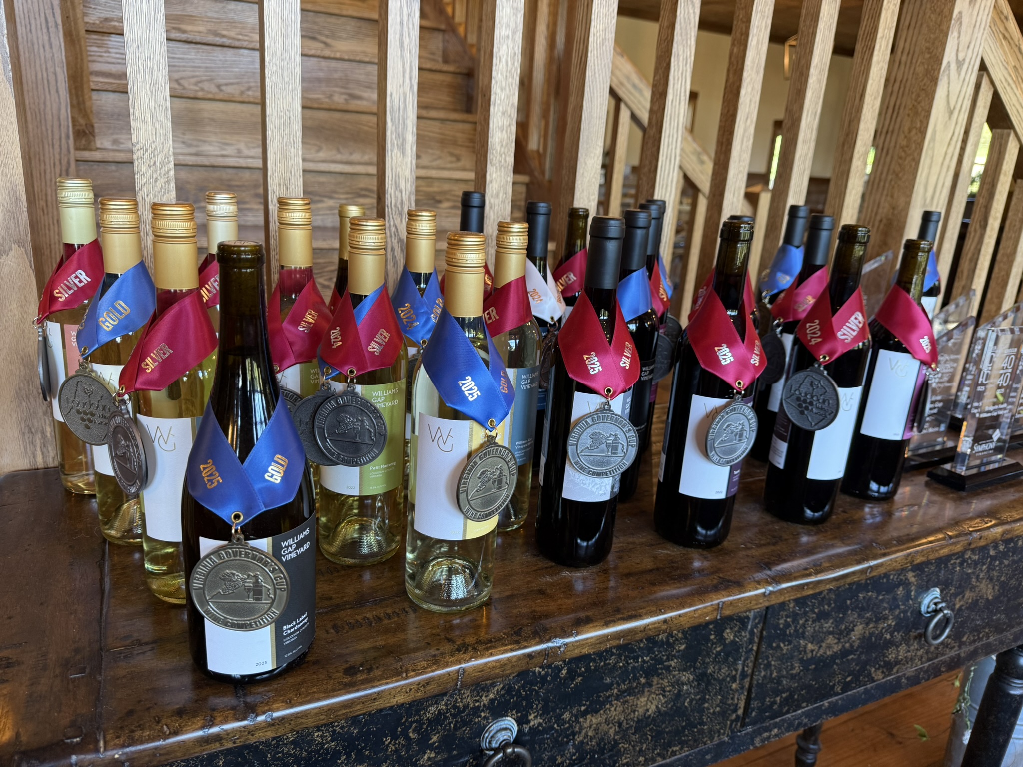 Award-winning Virginia wines displayed with gold and silver medals
