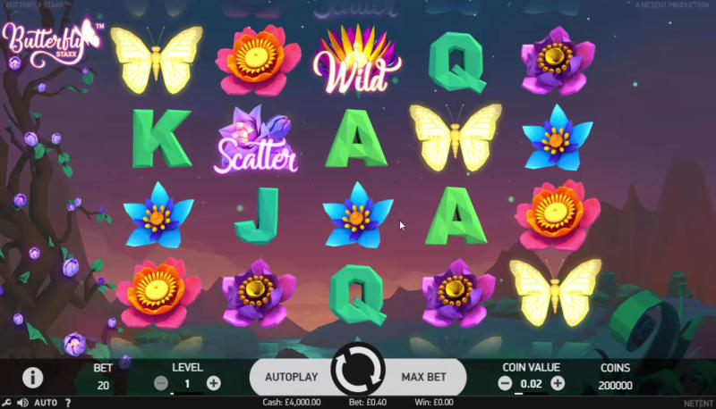 Butterfly Staxx Graphics with Bright butterflies flutter across semi-transparent reels