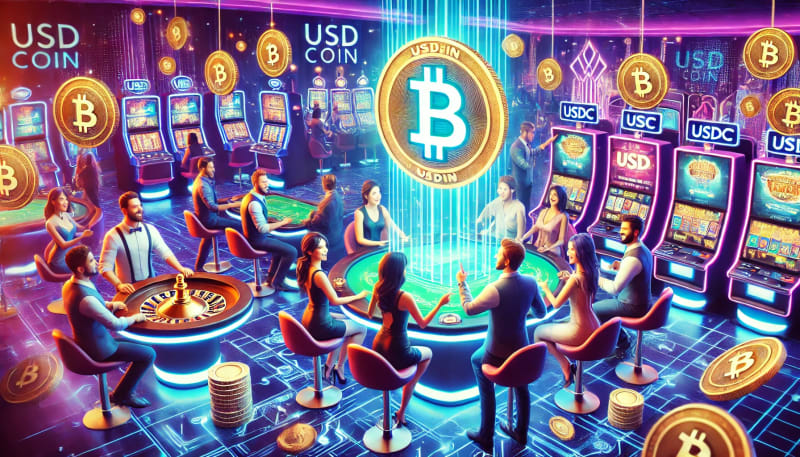 People playing games at casino with USD coin
