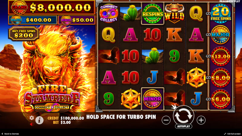 Stampede slot title screen with golden savannah backdrop and animal silhouettes.
