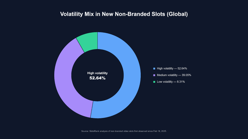 Donut chart showing volatility mix in new non-branded slots globally: high volatility 52.64%, medium volatility 39.05%,