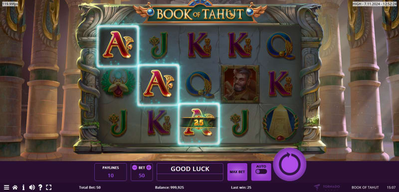 Book of Tahut uses a straightforward paytable with low card ranks at the bottom 
