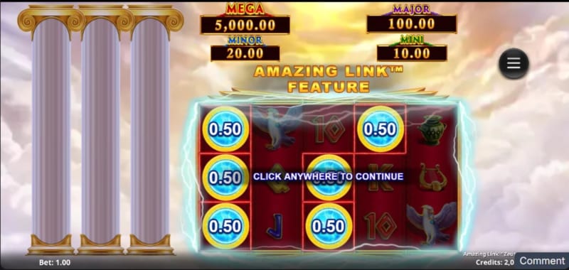 Amazing Link Zeus Boost with  mid-tier mythology symbols, and Zeus as the Wild