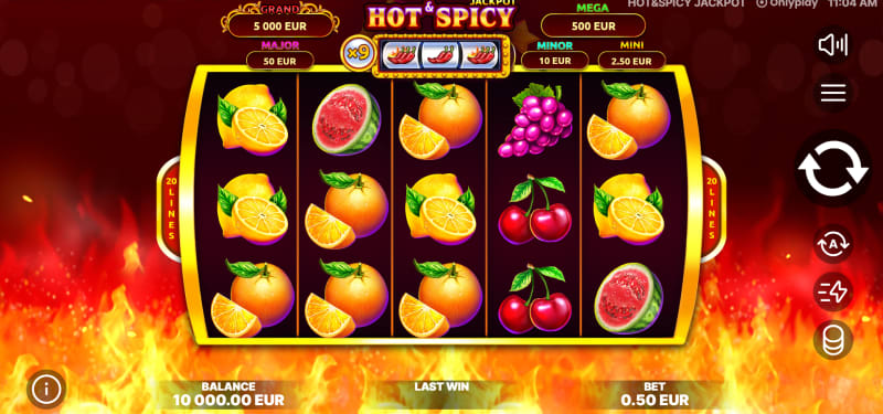 Hot & Spicy Jackpot is a video slot from Onlyplay with a 5-reel, 3-row layout and 20 fixed paylines.