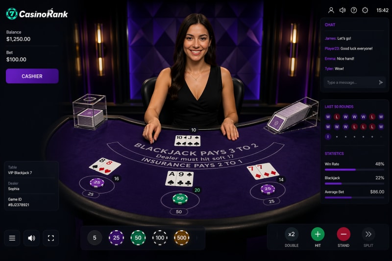 live stream of an online casino blackjack game with a dealer