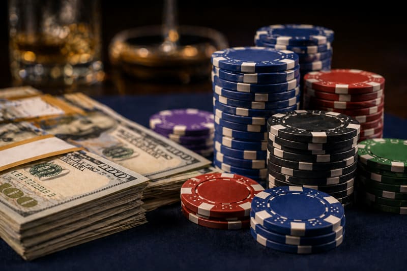 casino chips and paper money on the table