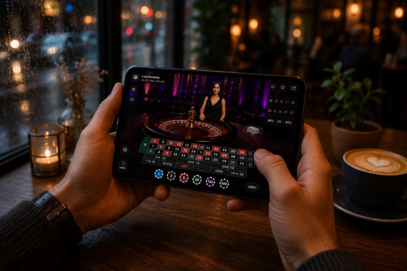 live roulette played on mobile in a cafe