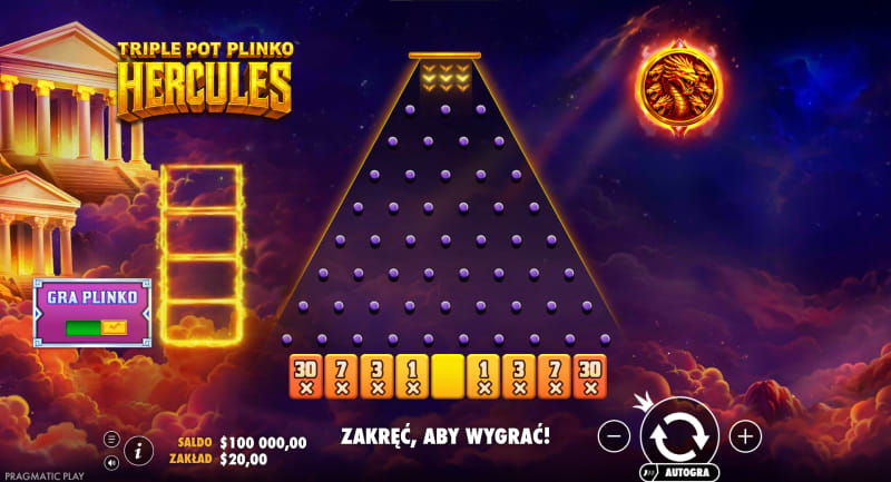 The bonus plays on an 8-row pin pyramid with nine buckets at the base.