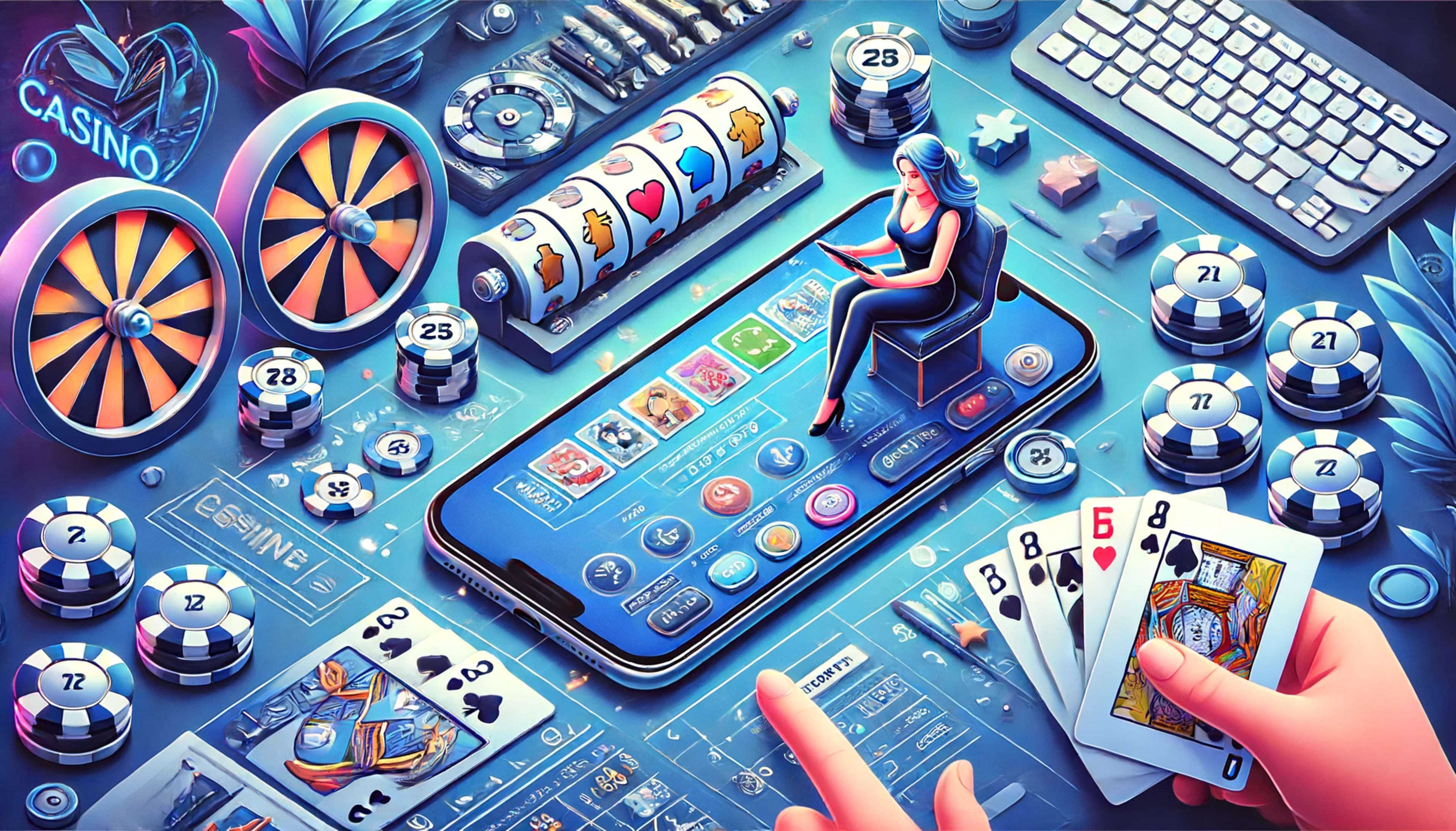 cartoonachtige afbeelding van een vrouw die een casinospel speelt op haar telefoon