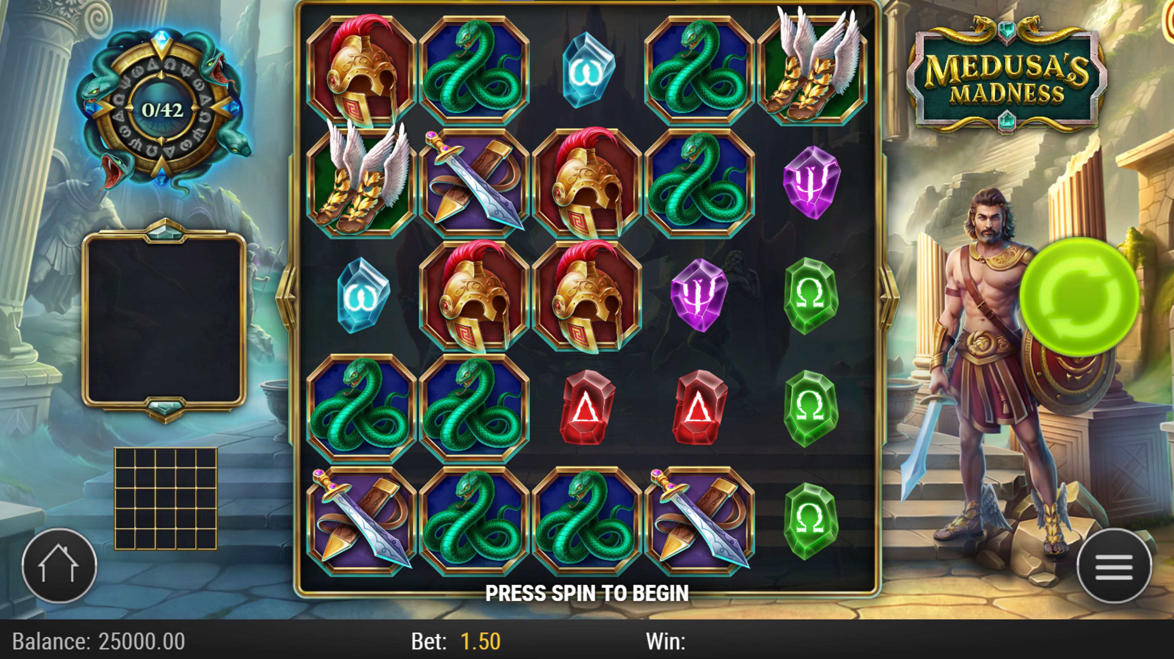 Medusa’s Madness Graphics Marble pillars etched with serpentine motifs frame the reels, while torches cast flickering shadows across moss-covered stones