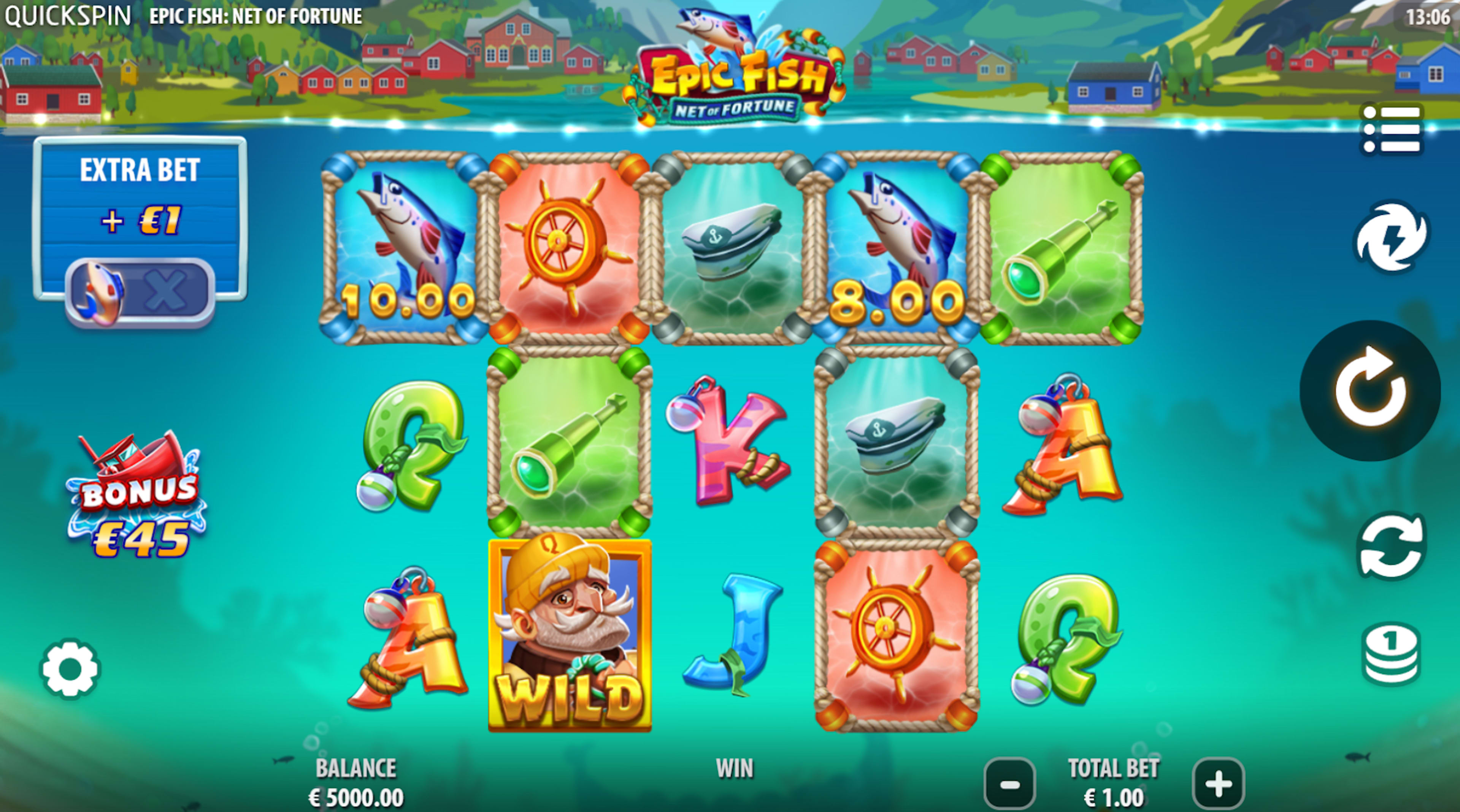Base game layout of Epic Fish Net of Fortune with 5x3 reels and themed visuals.
