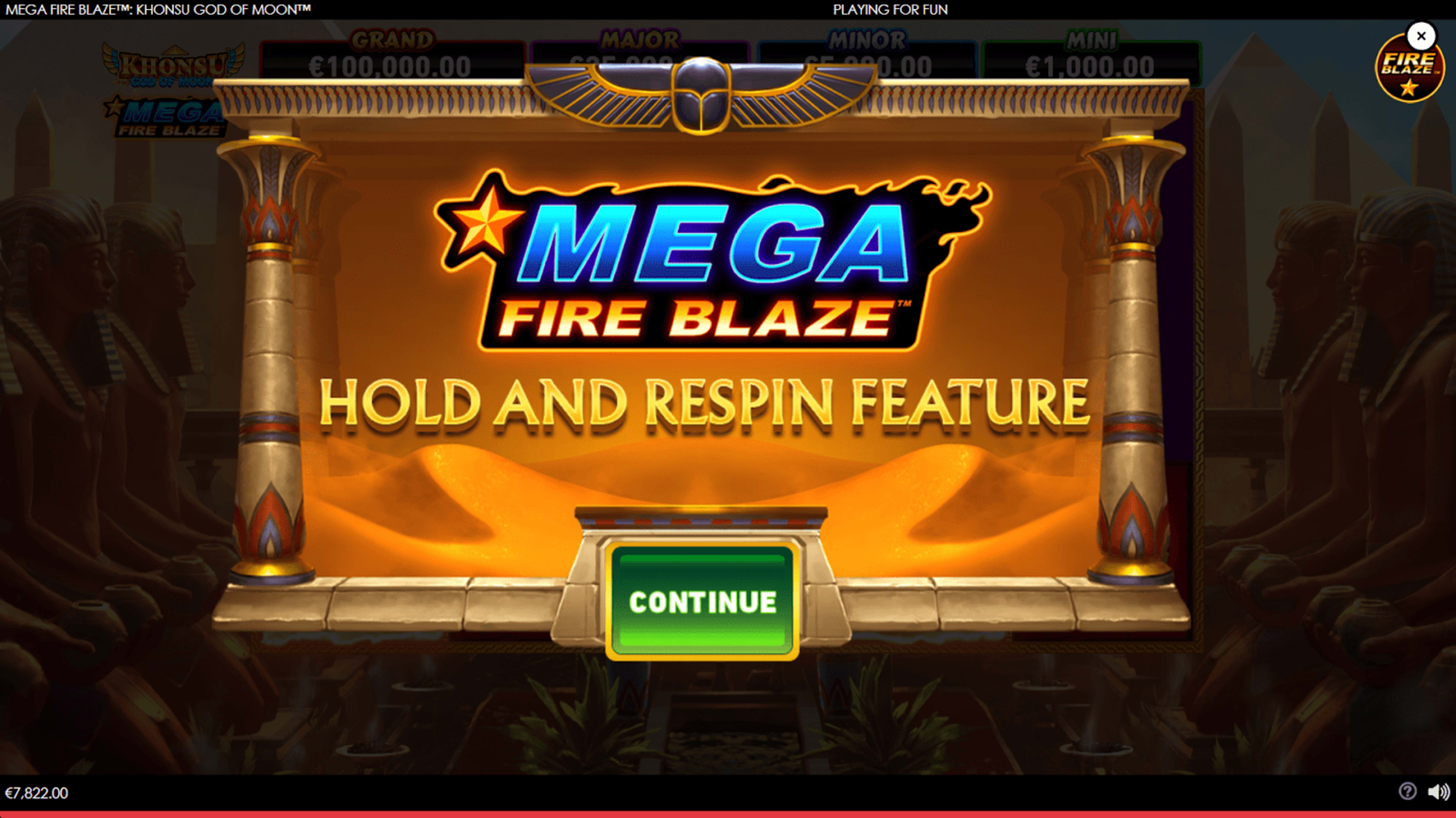 Mega Fire Blaze Hold and Respin feature activation screen.