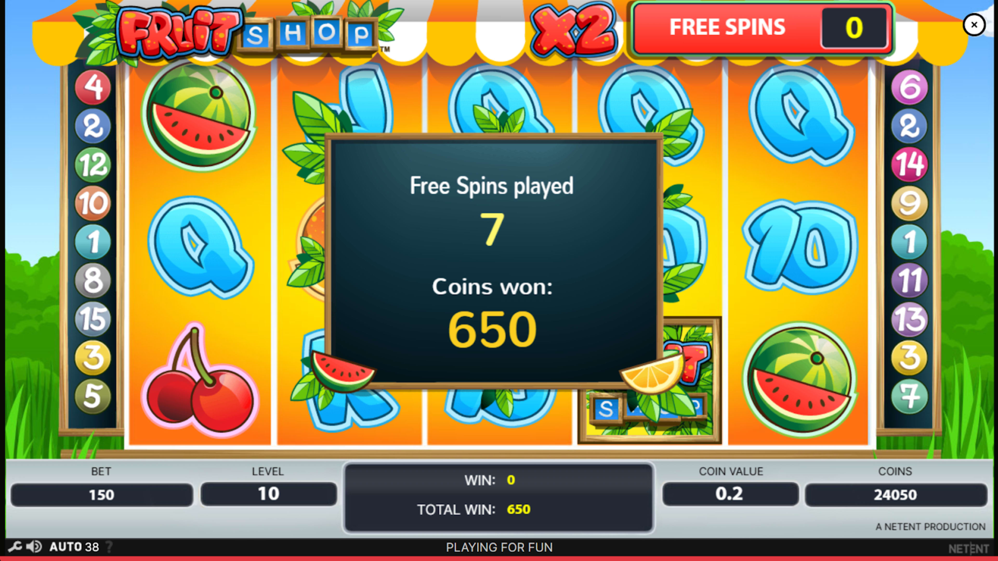 Free Spins round active in Fruit Shop slot with 650 coins won.