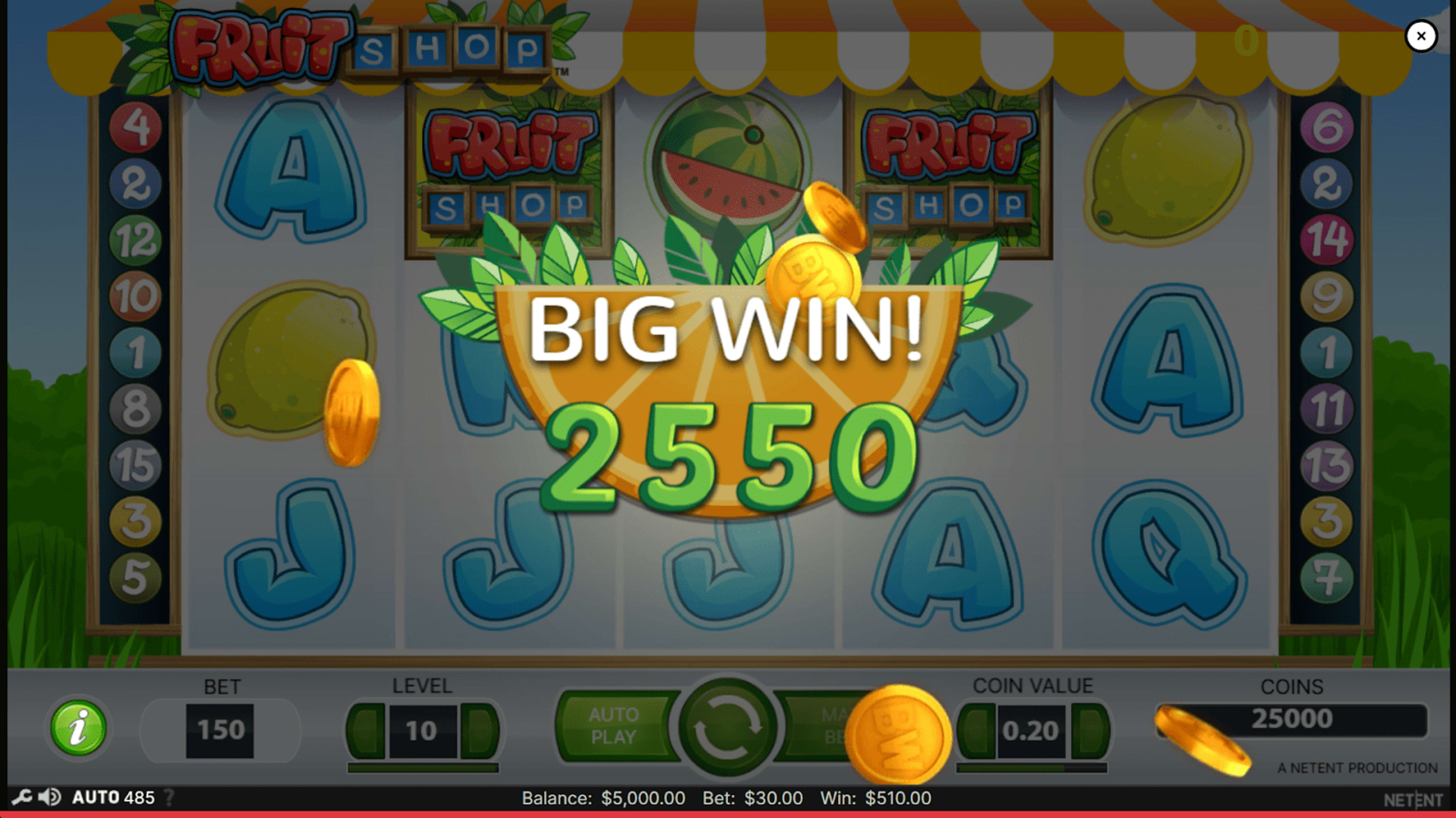 Fruit Shop slot big win screen showing 2550 coin payout with animated gold coins and fruit-themed backdrop.