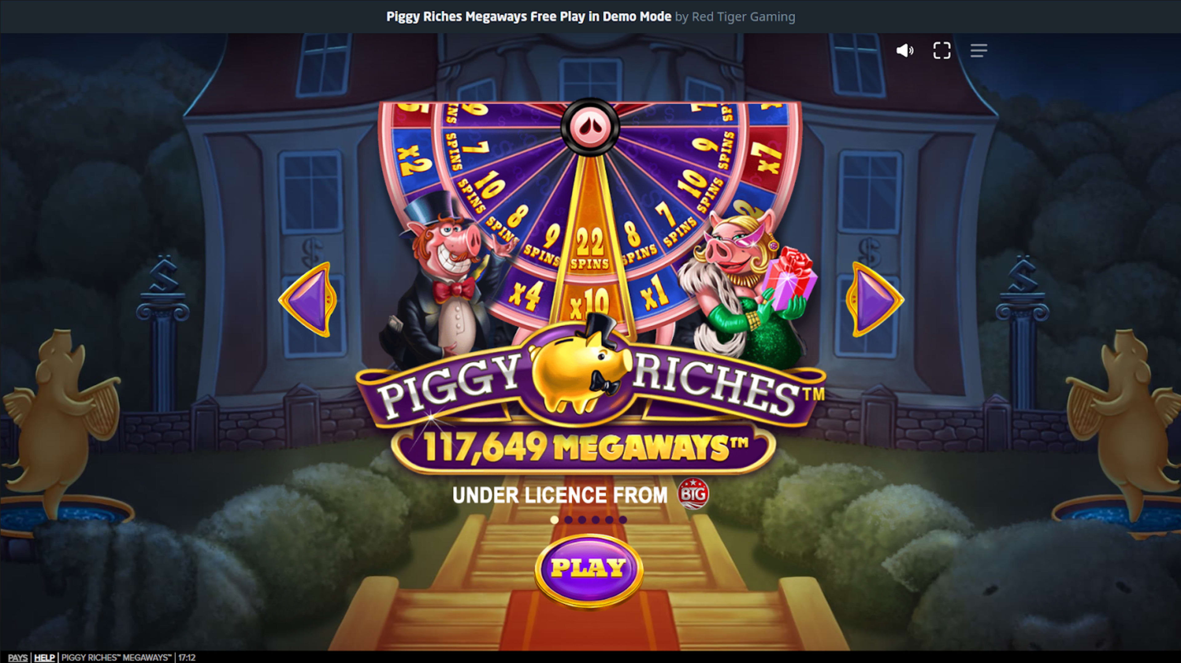 Piggy Riches Megaways start screen with bonus wheel showing multipliers and free spins options.