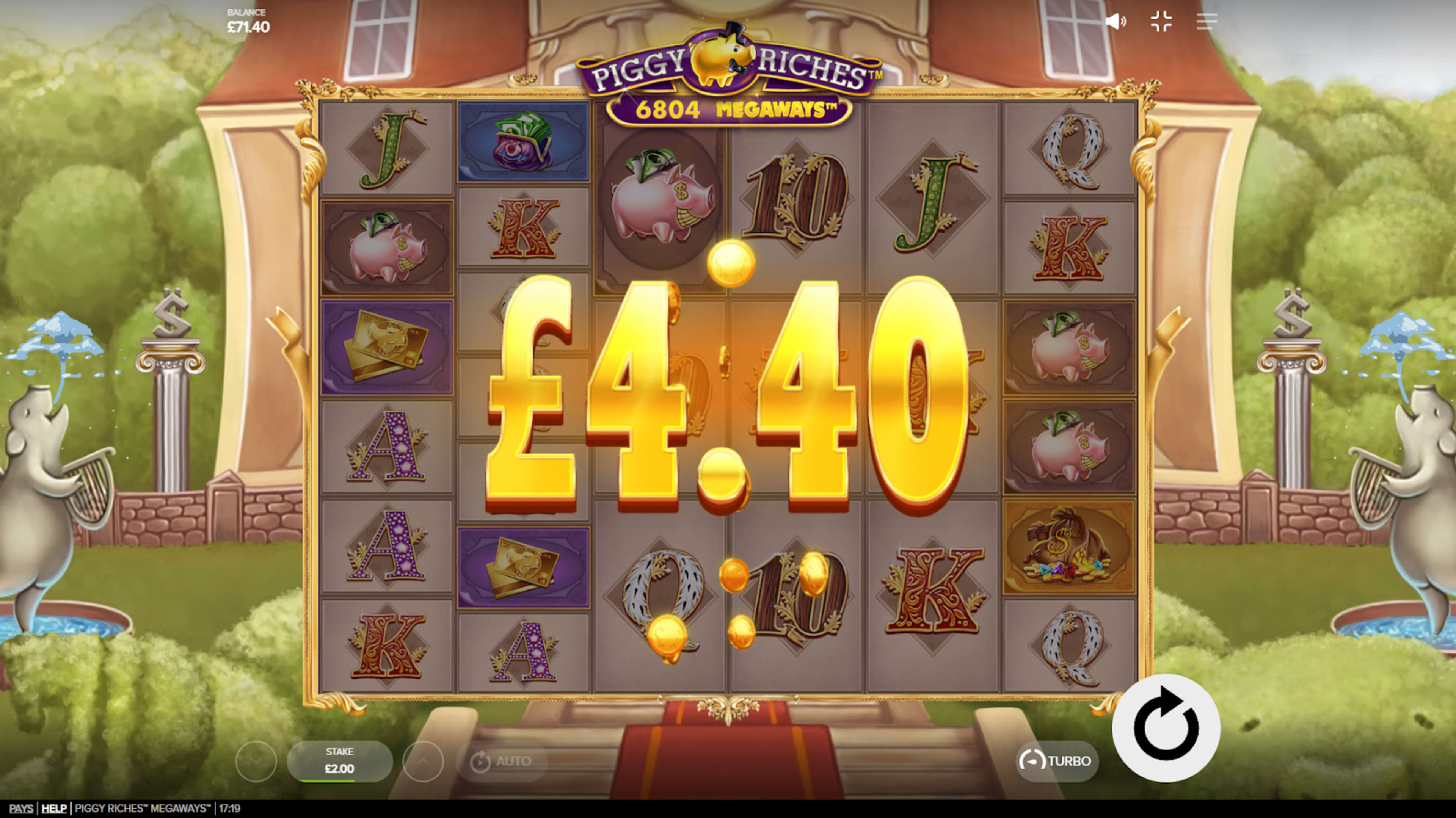 Base game spin result on Piggy Riches Megaways showing £4.40 win with piggy bank and card symbols.