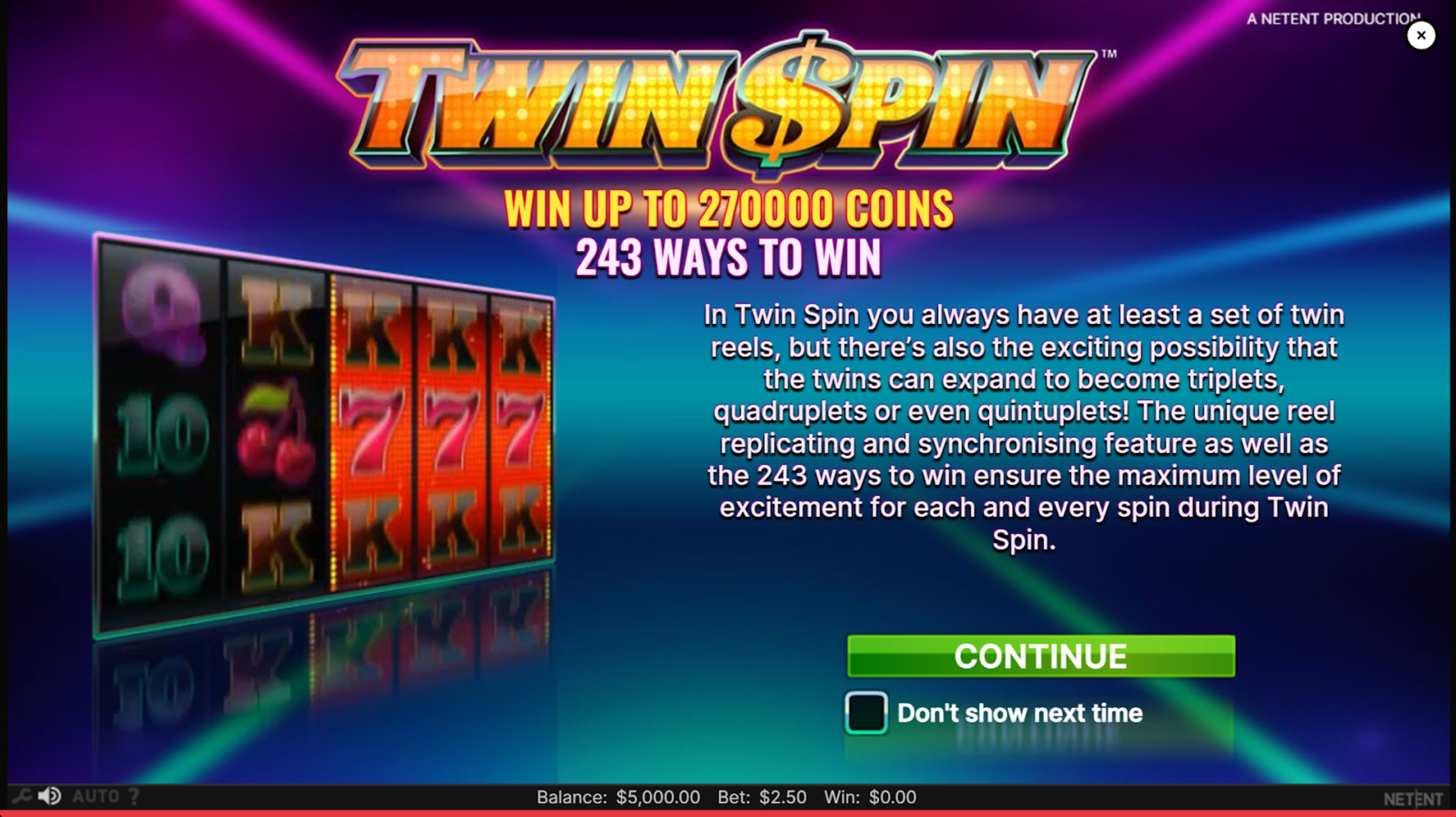 Twin Spin slot start screen showing classic symbols and reel layout.