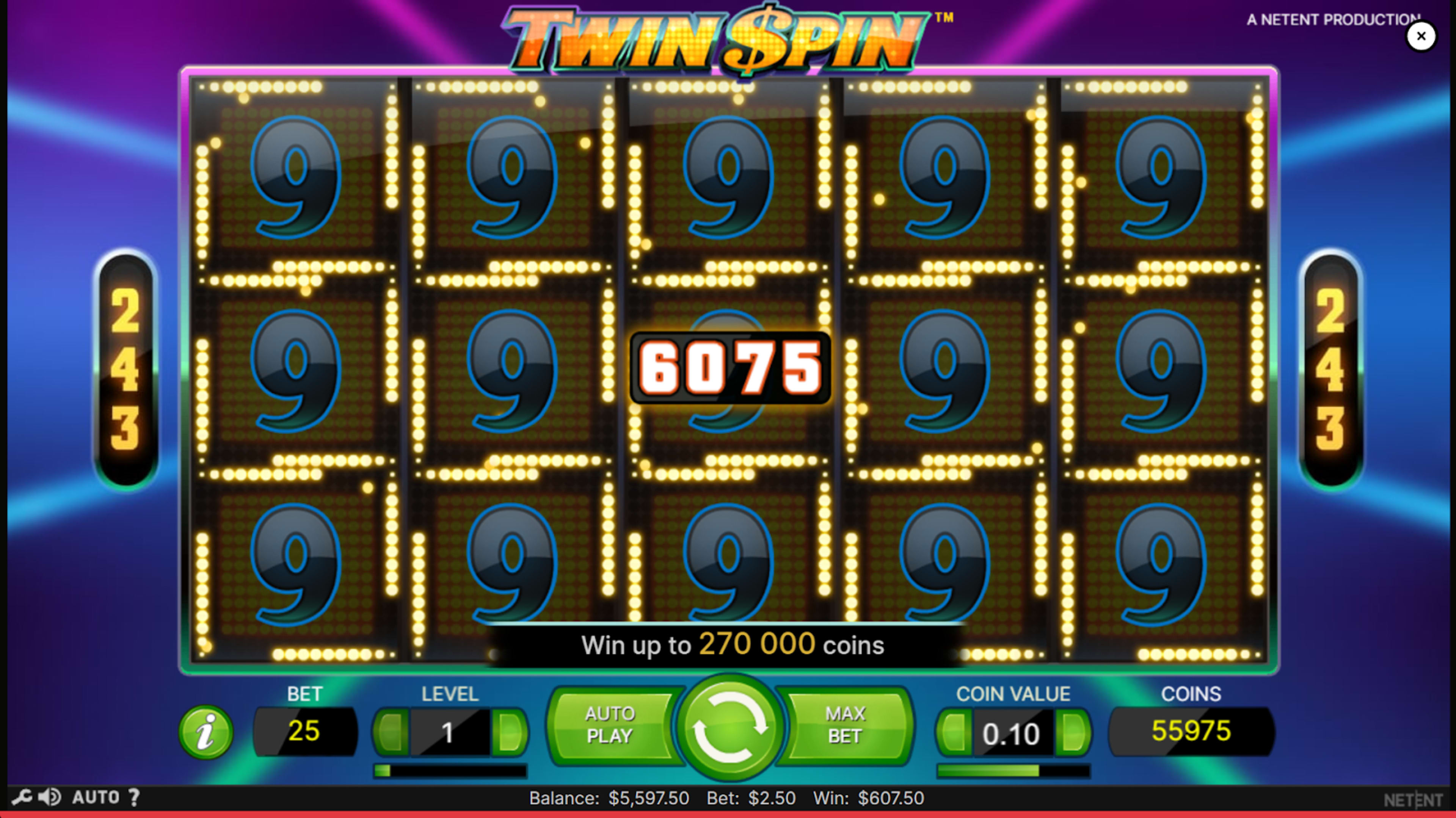 Twin Spin slot showing synced reels filled with the number 9 and a €607.50 win.