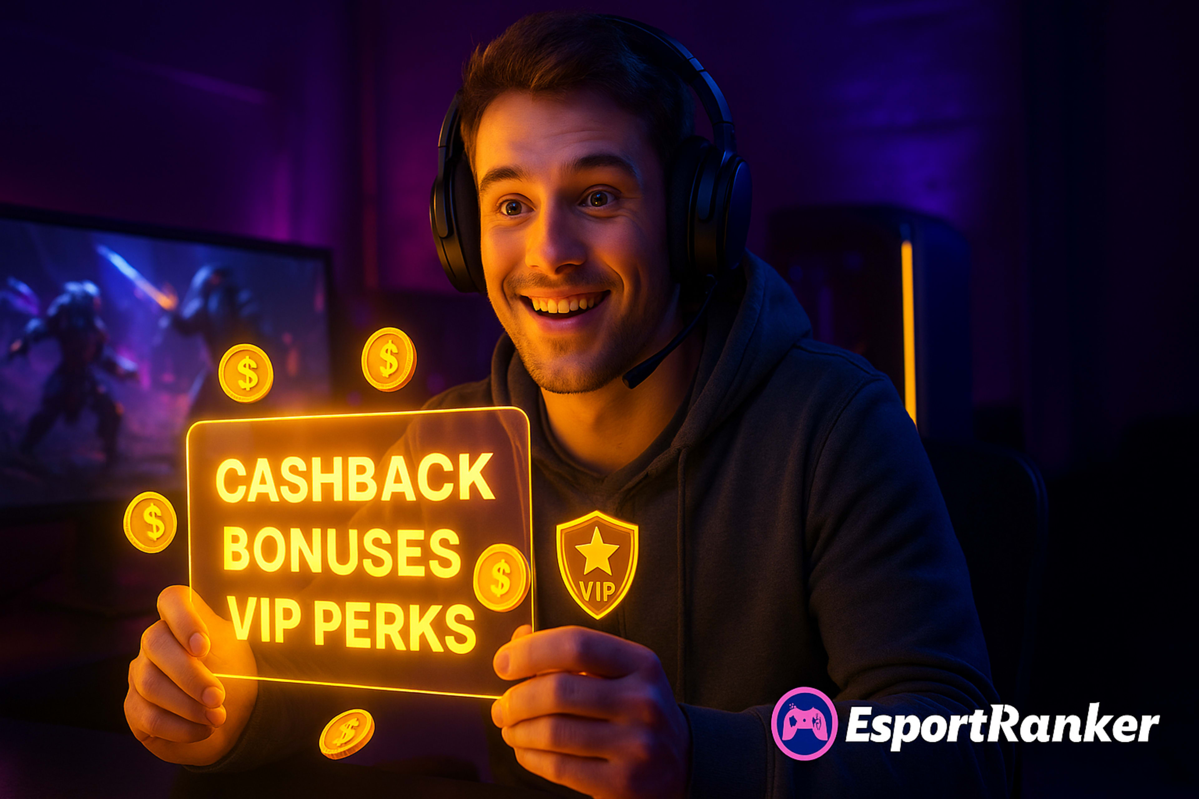 A young esports bettor in a neon-lit gaming room smiles while holding a glowing holographic screen