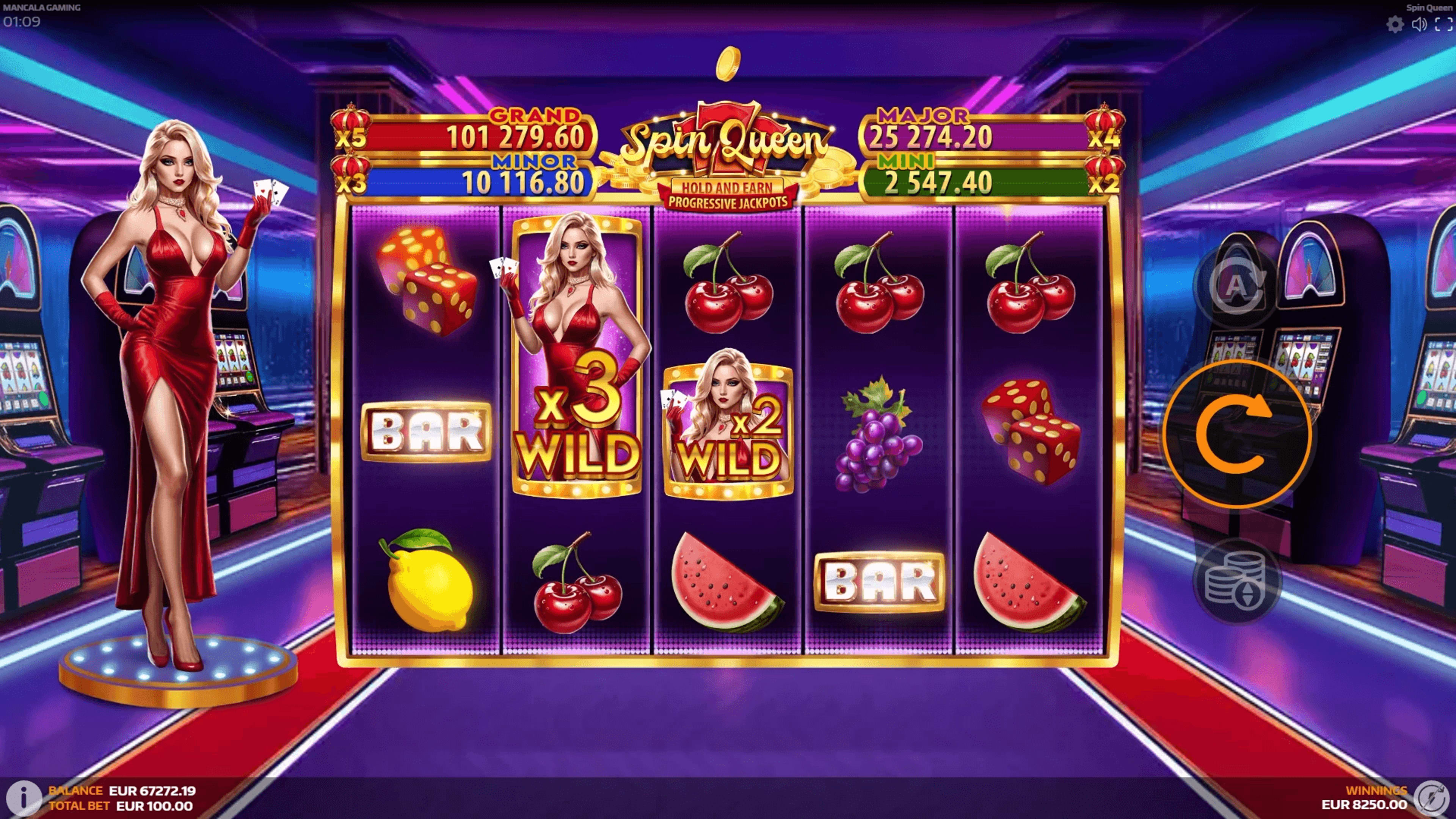 Spin Qeen Graphics featuring luxurious casino hall bathed in purple neon, where the Queen herself — draped in a crimson gown