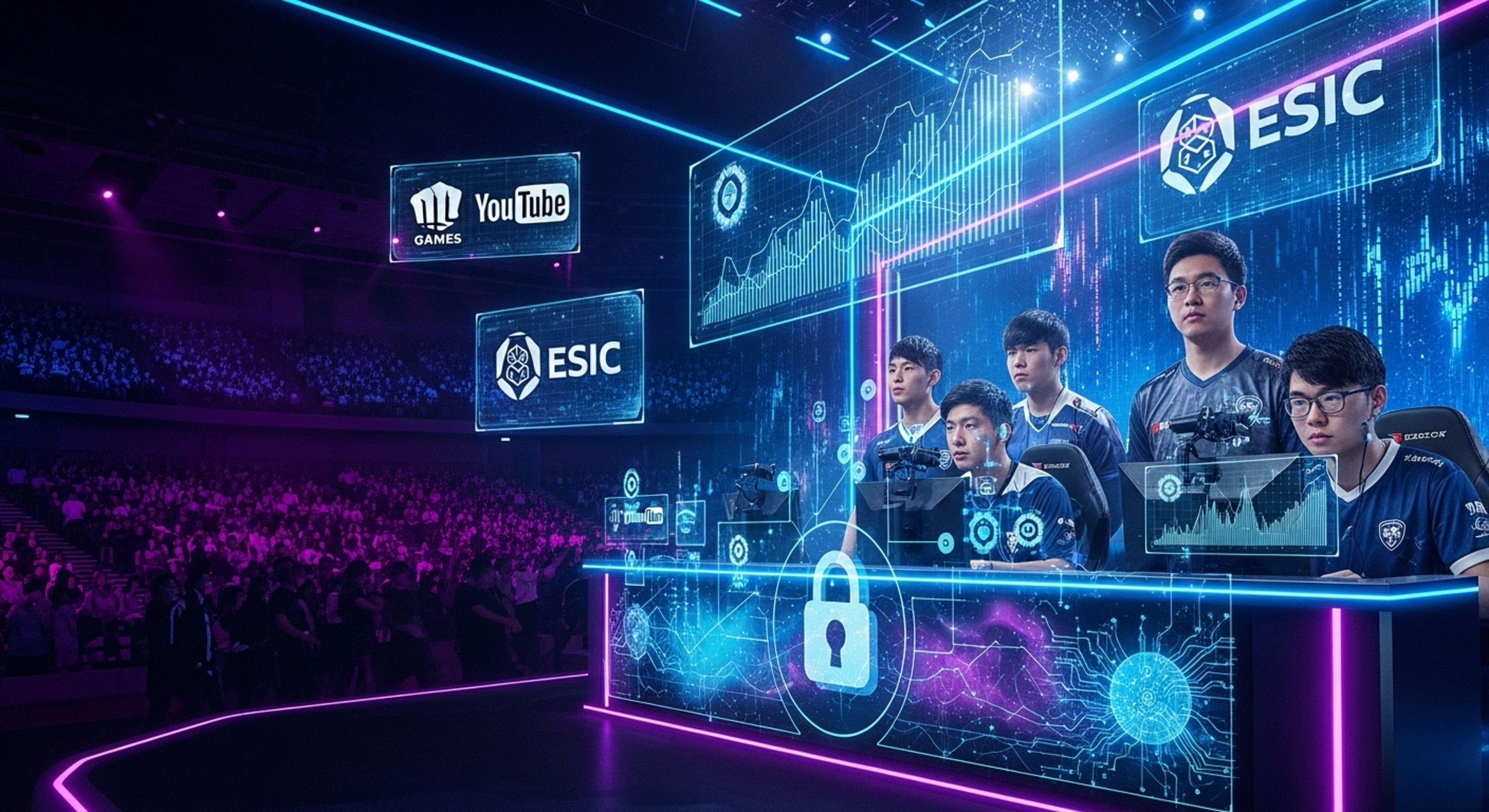 A dynamic digital scene illustrating the intersection of esports and betting regulation. The composition features professional esports players on a futuristic stage, surrounded by neon holographic overlays showing graphs, compliance icons, and blockchain-style data lines. Logos or symbols for Riot Games, YouTube, and ESIC appear subtly as floating digital panels, symbolizing oversight and innovation. Background elements: a glowing arena crowd, data streams resembling betting markets, and a lock icon representing integrity and player protection. Visual tone: high-energy, cyber-tech realism—balancing competitive excitement with regulatory control.