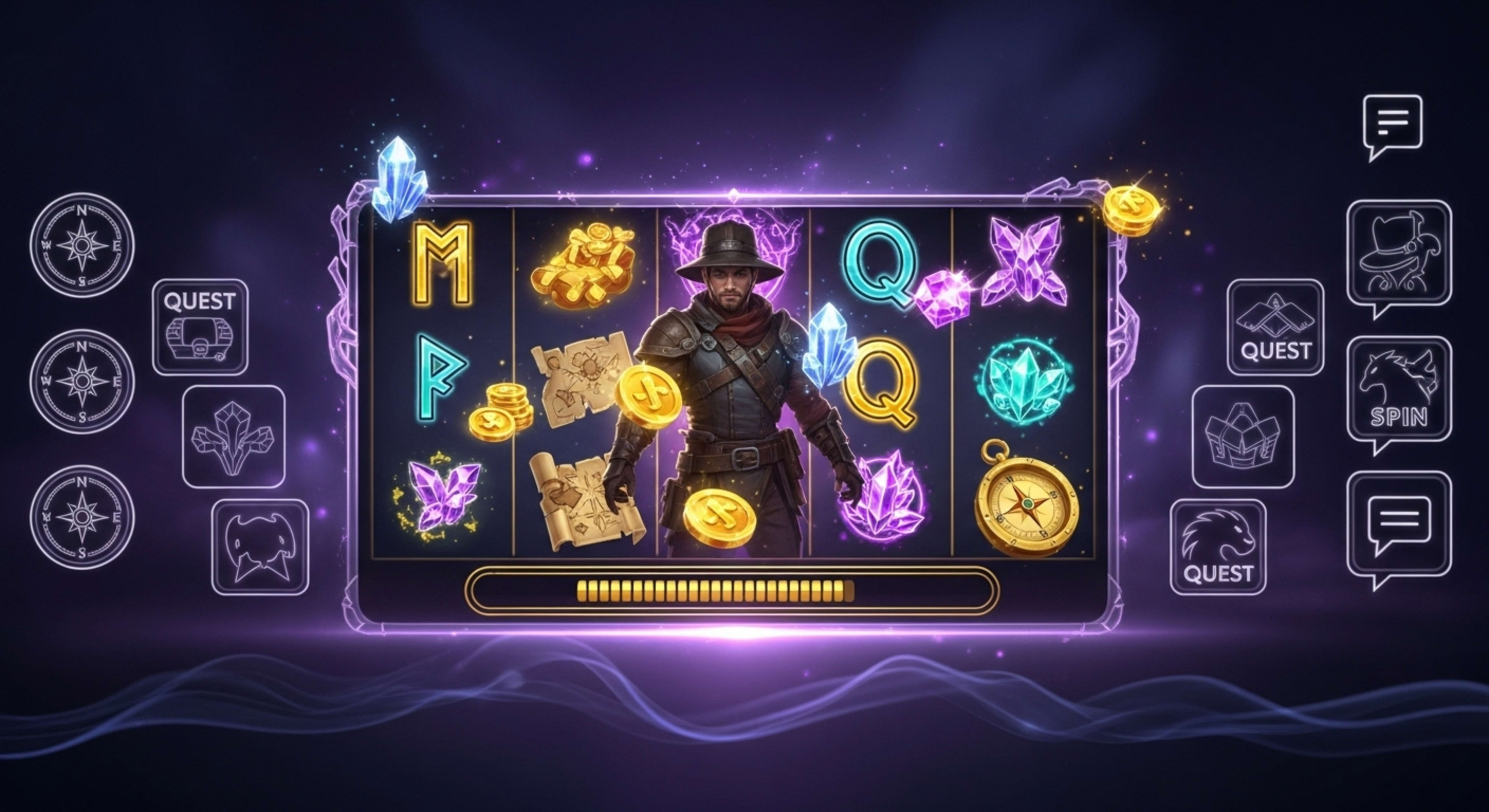 A cinematic online casino interface showing a hero character and vivid game elements like maps, rewards, and glowing icons, symbolizing how design and storytelling create player attachment.