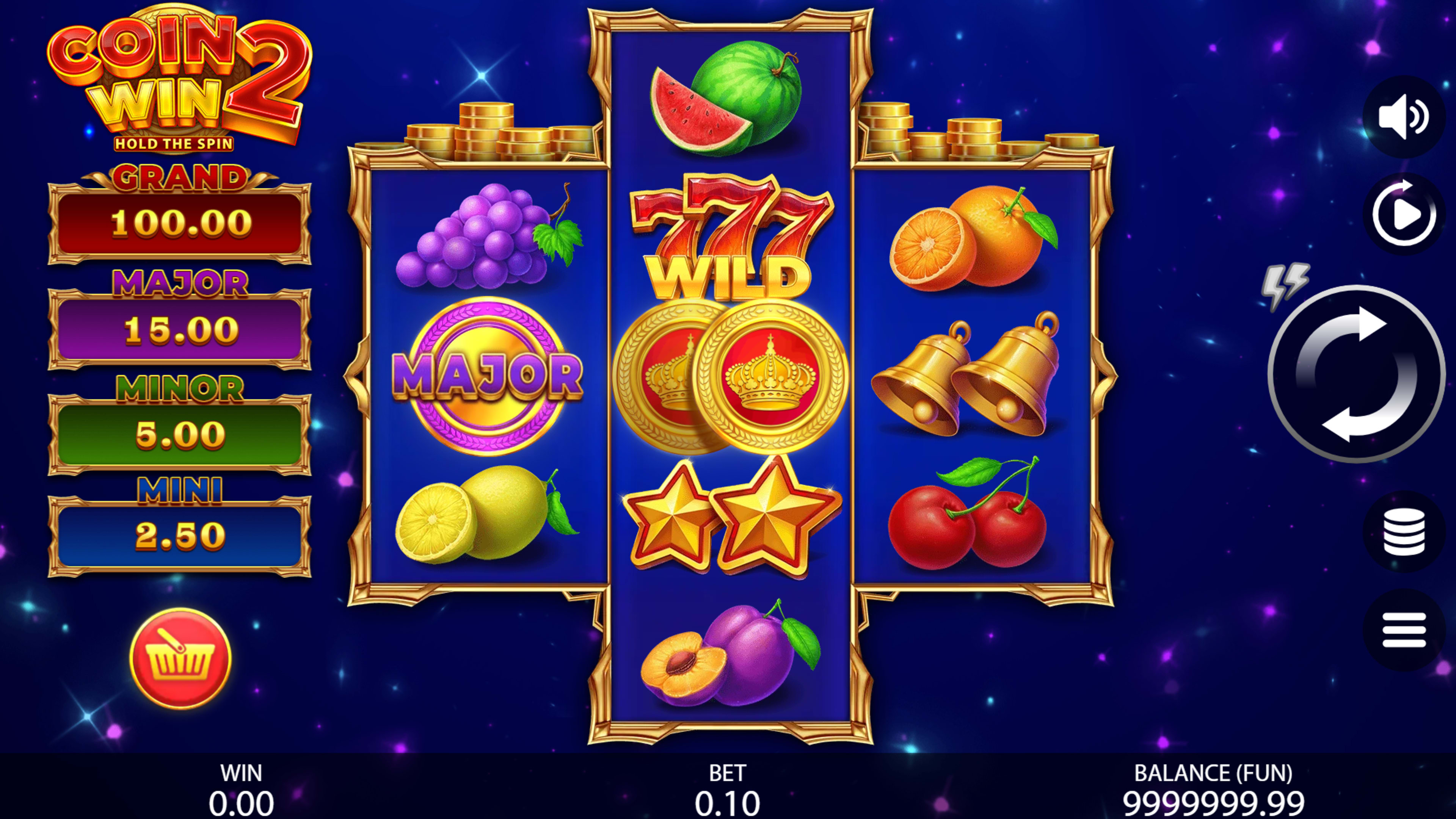 Coin Win 2 has a deep violet background, shimmering particles, and bright neon accents 