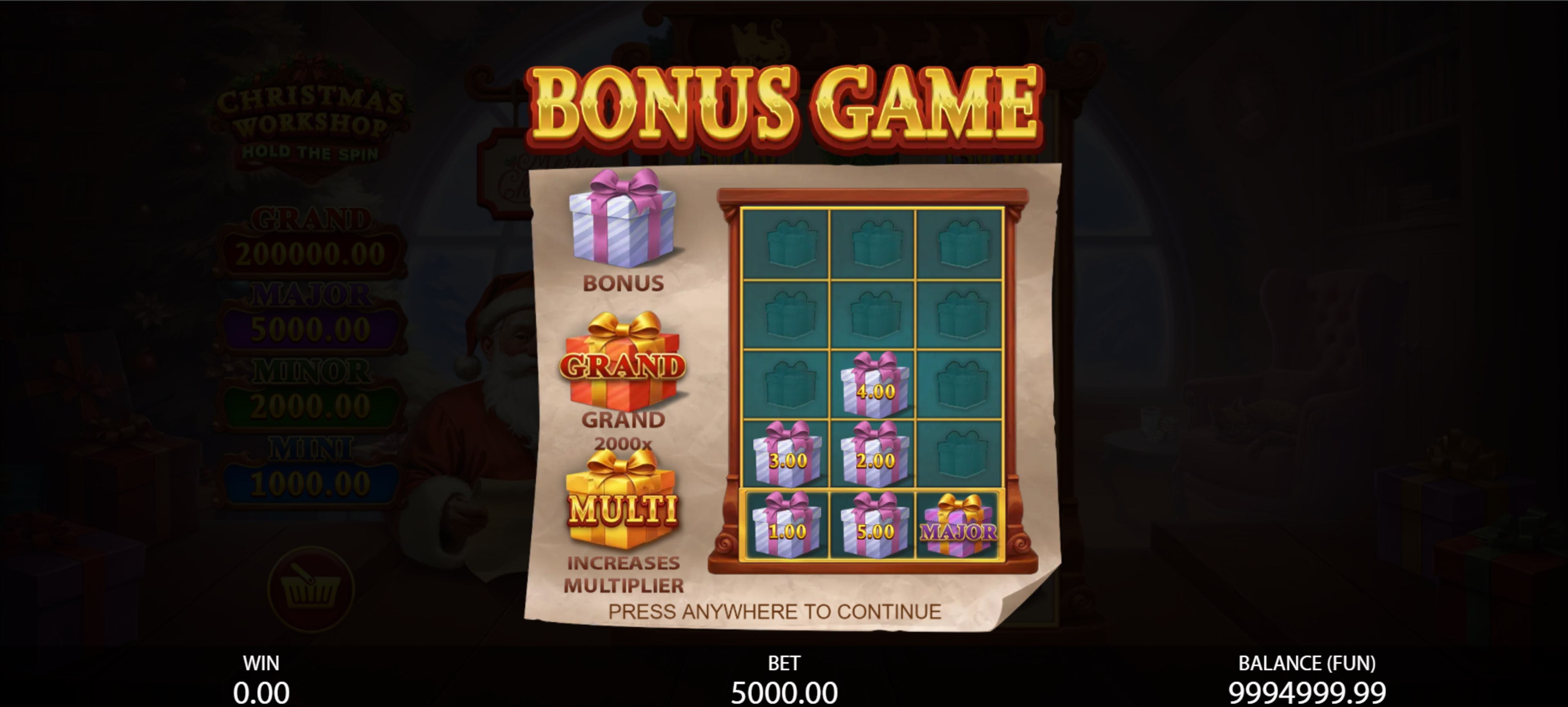 Triggered by 6 or more Present symbols anywhere on the board or by the Heap of Presents feature, the Bonus Game begins