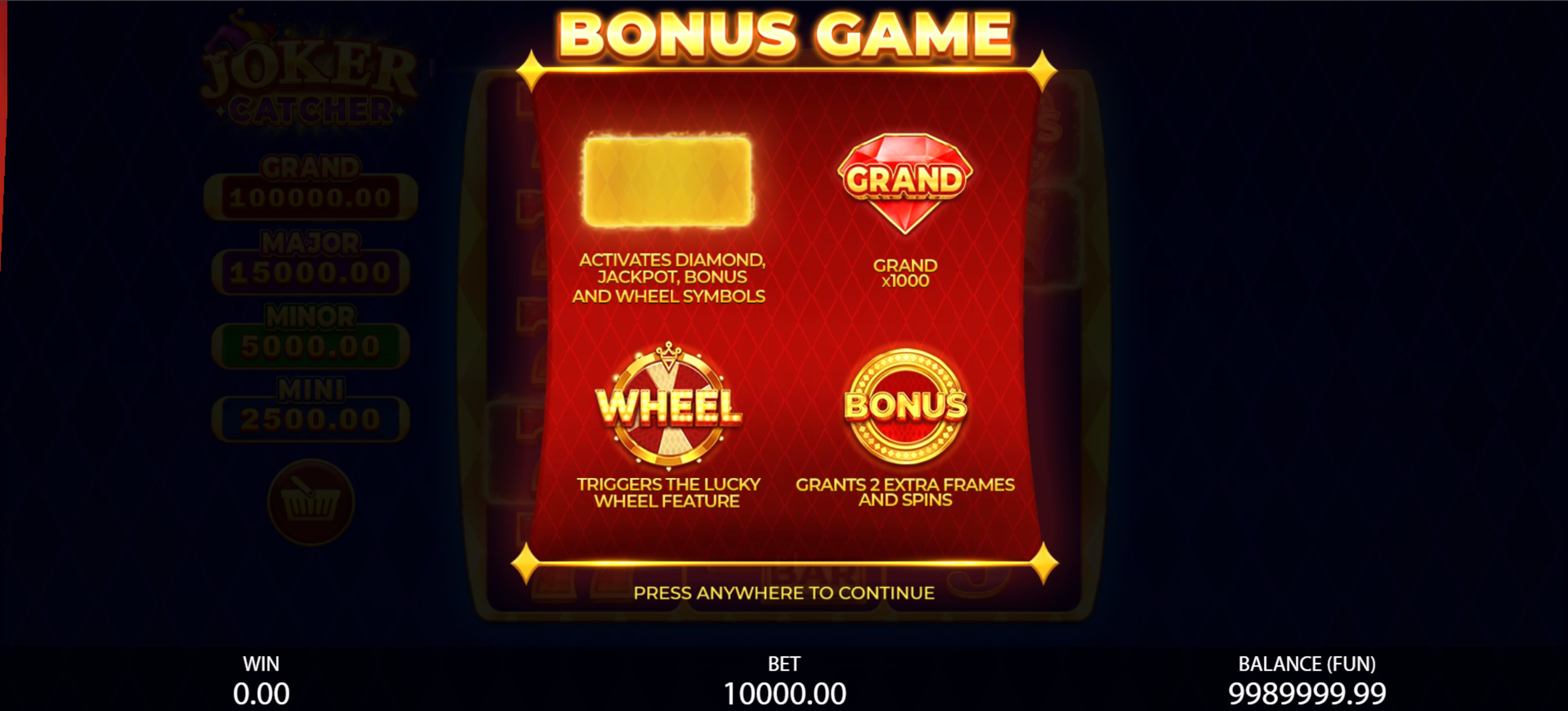 Landing a Bonus symbol inside a Catch Frame triggers the Bonus Game with 8 spins