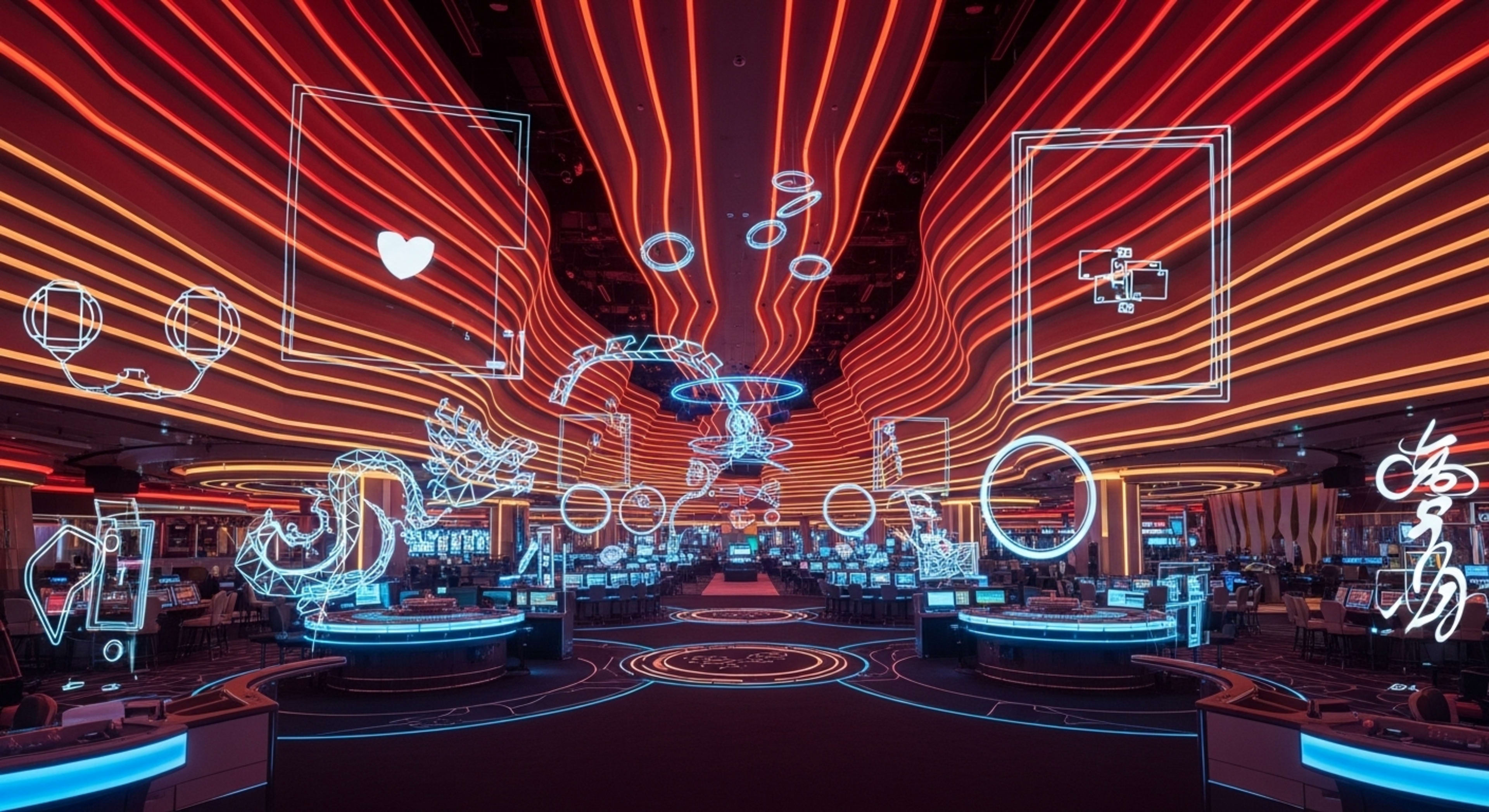 Style: Futuristic editorial interior photography with cinematic tech-lifestyle influence  Setting: A next-generation Asian-inspired casino expansion inside a Philippine integrated resort, featuring a vast, sculptural gaming floor with flowing canyon-like architecture. High-tech live casino game show zones are integrated seamlessly into the space, enhanced by holographic overlays and digital design elements that suggest interactive entertainment without showing active gambling.  Lighting: Dynamic LED lighting dominated by red, amber, and gold gradients, accented with subtle blue holographic highlights. Embedded edge lighting along floors, walls, and ceilings creates a sleek, futuristic glow with controlled neon bloom.  Details:  Futuristic Asian live casino game overlays (holographic frames, abstract roulette arcs, card and wheel silhouettes, no text)  Minimalist inactive gaming terminals with glowing edges and metallic finishes  Neo-Asian design elements such as geometric dragon curves, digital lotus forms, and stylized light calligraphy  Circular live game show stages with LED halos and floating light rings  Mood: Futuristic, immersive, high-energy  Camera: Ultra-wide cinematic lens (18–24mm), HDR, subtle motion blur, controlled neon glow, crisp architectural detail  Perspective: Low-to-mid angle wide composition with a strong central vanishing point, layered depth using holographic mid-ground elements, and sweeping architectural lines that draw the viewer into a sleek, futuristic Asian live casino environment
