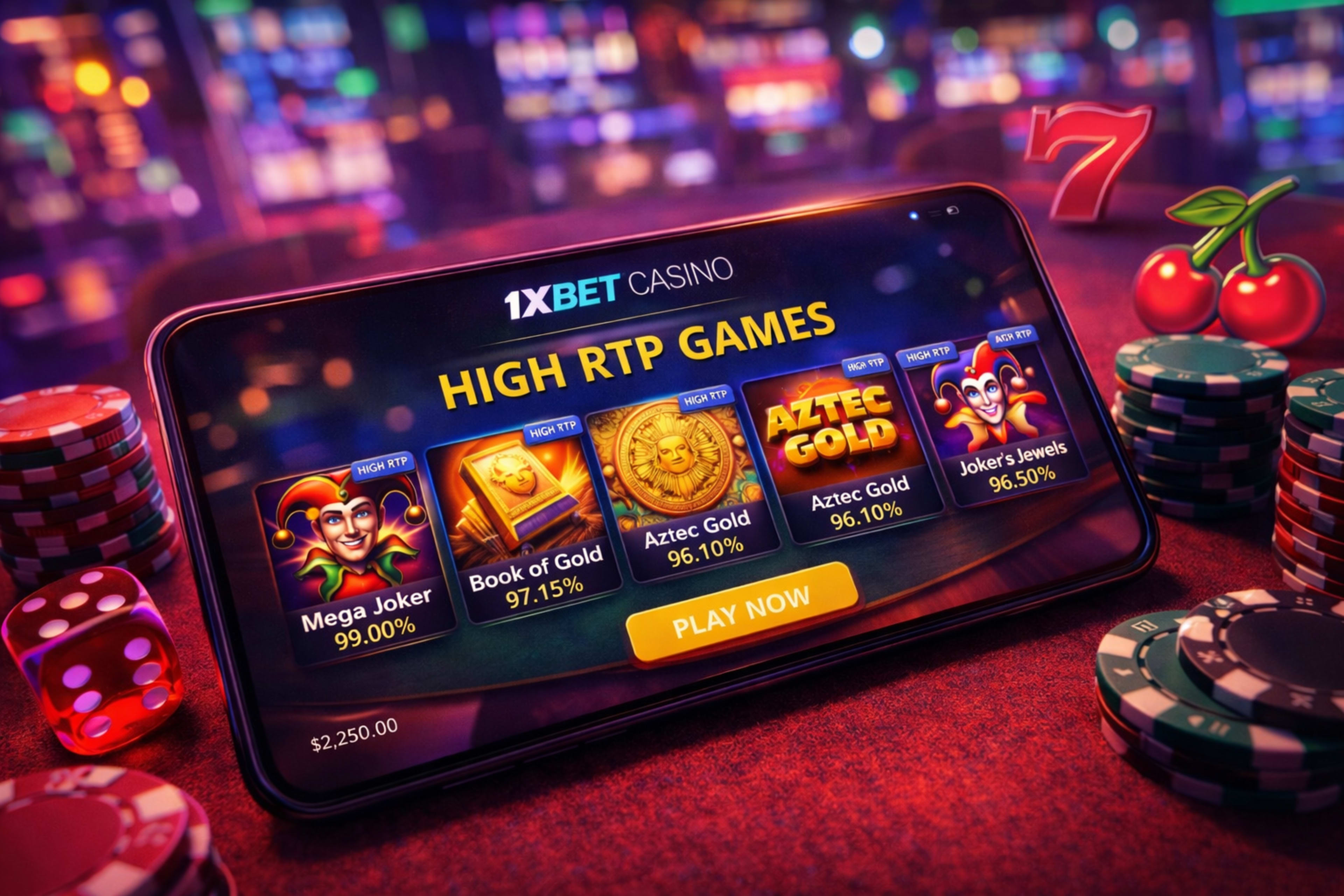 mobile phone on the casino table with opened 1xbet website