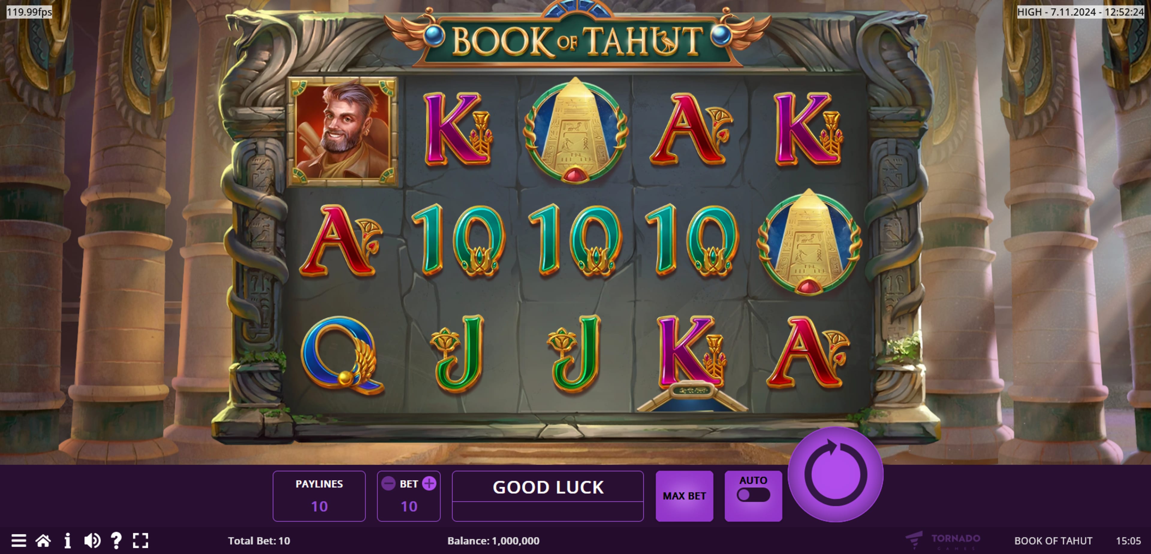 Book of Tahur Graphics with a stone-framed reel set, warm desert lighting, and a symbol mix built around scarabs