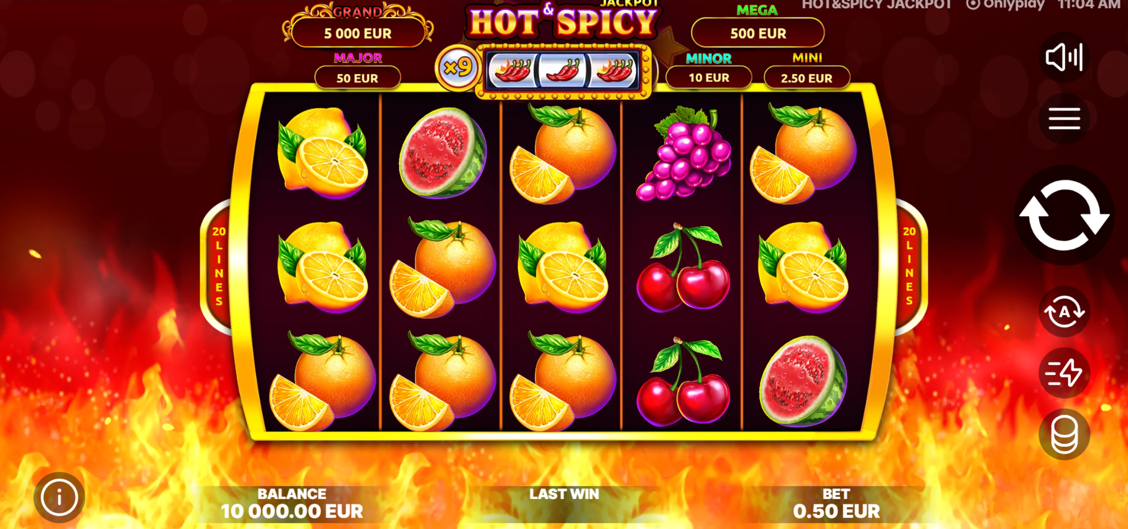 Hot & Spicy Jackpot is a video slot from Onlyplay with a 5-reel, 3-row layout and 20 fixed paylines.