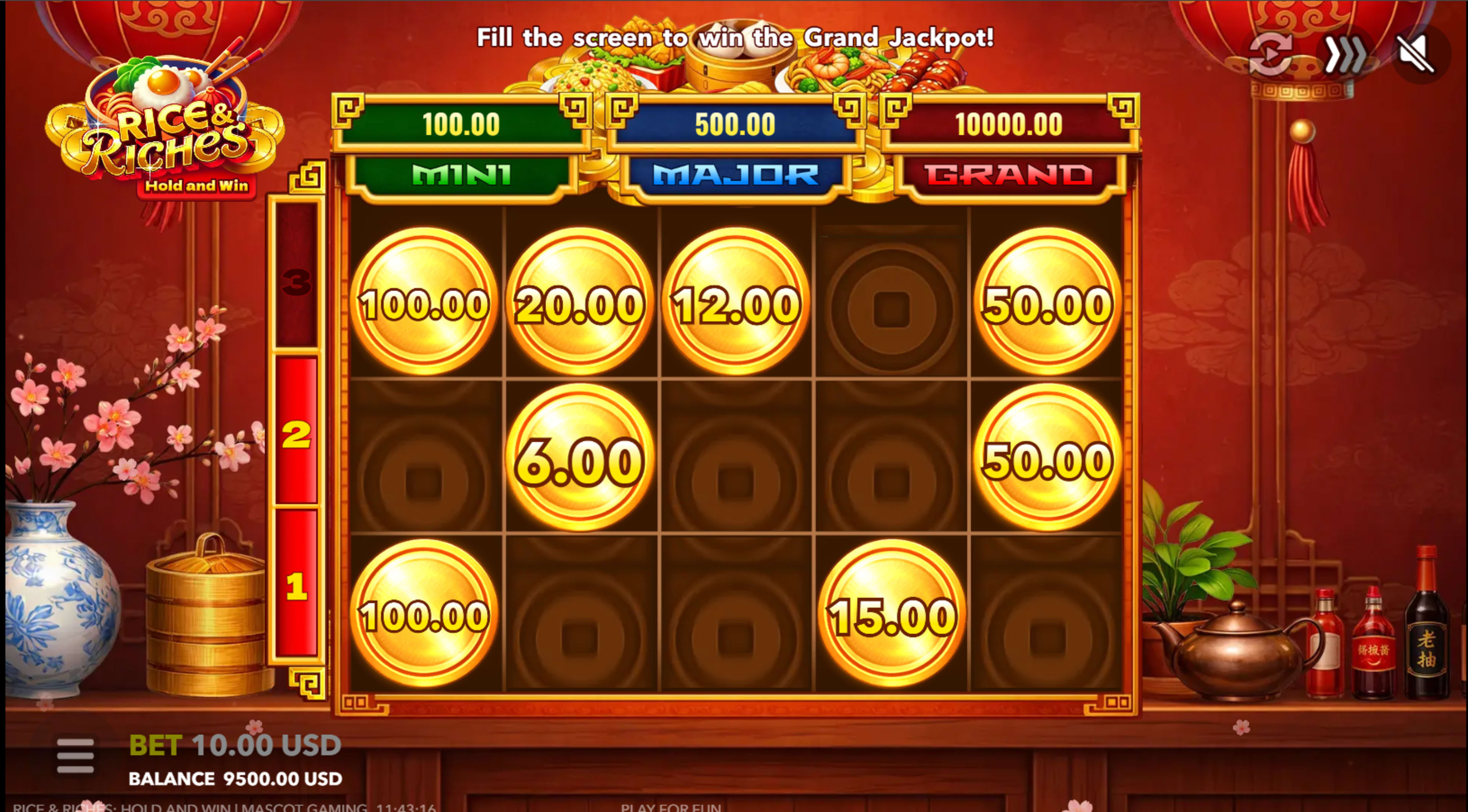 When 6 or more Coin symbols appear, the Hold and Win feature begins.