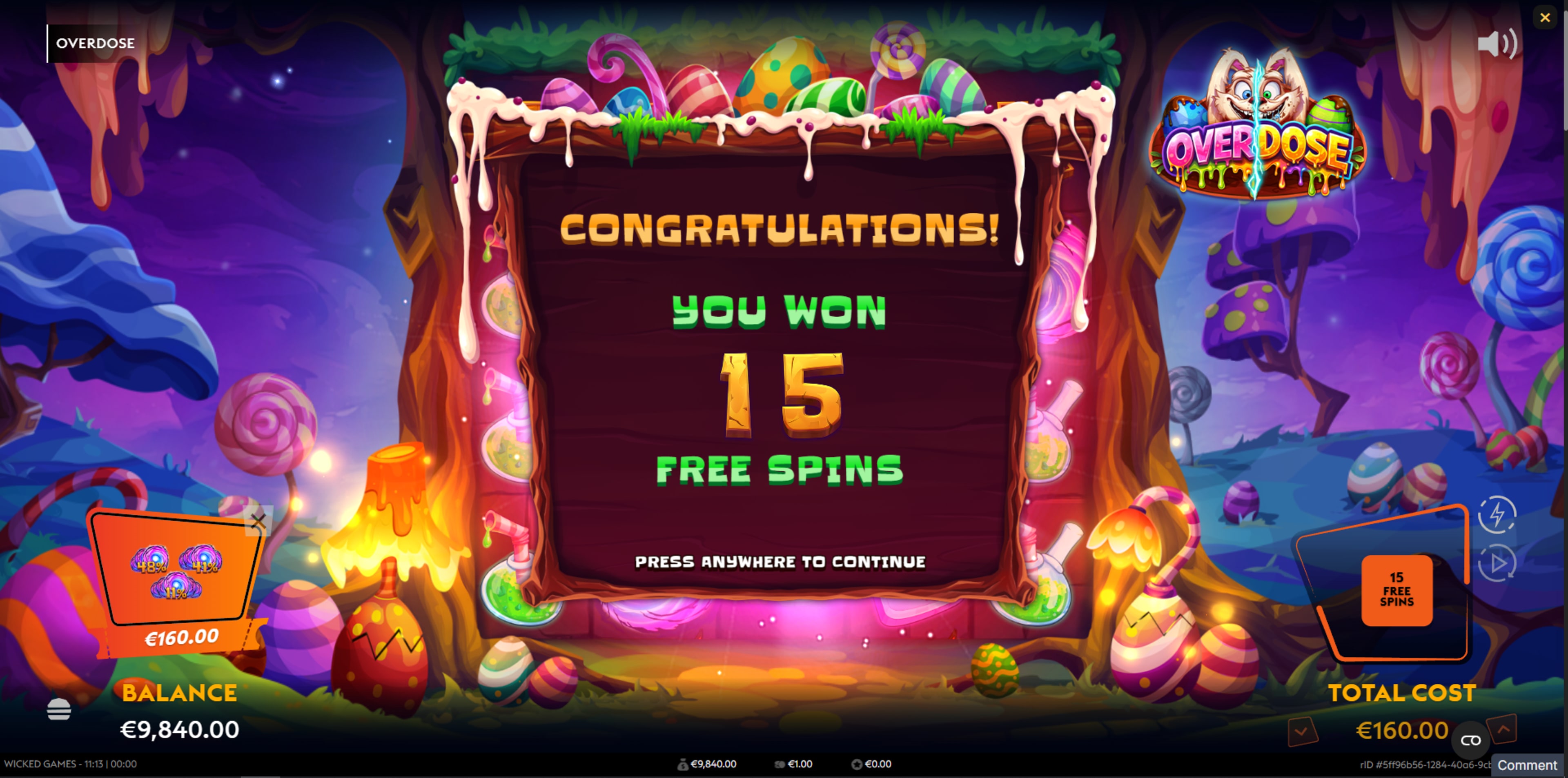 Landing 3, 4, or 5 scatters at Overdose awards 10, 15, or 20 free spins.
