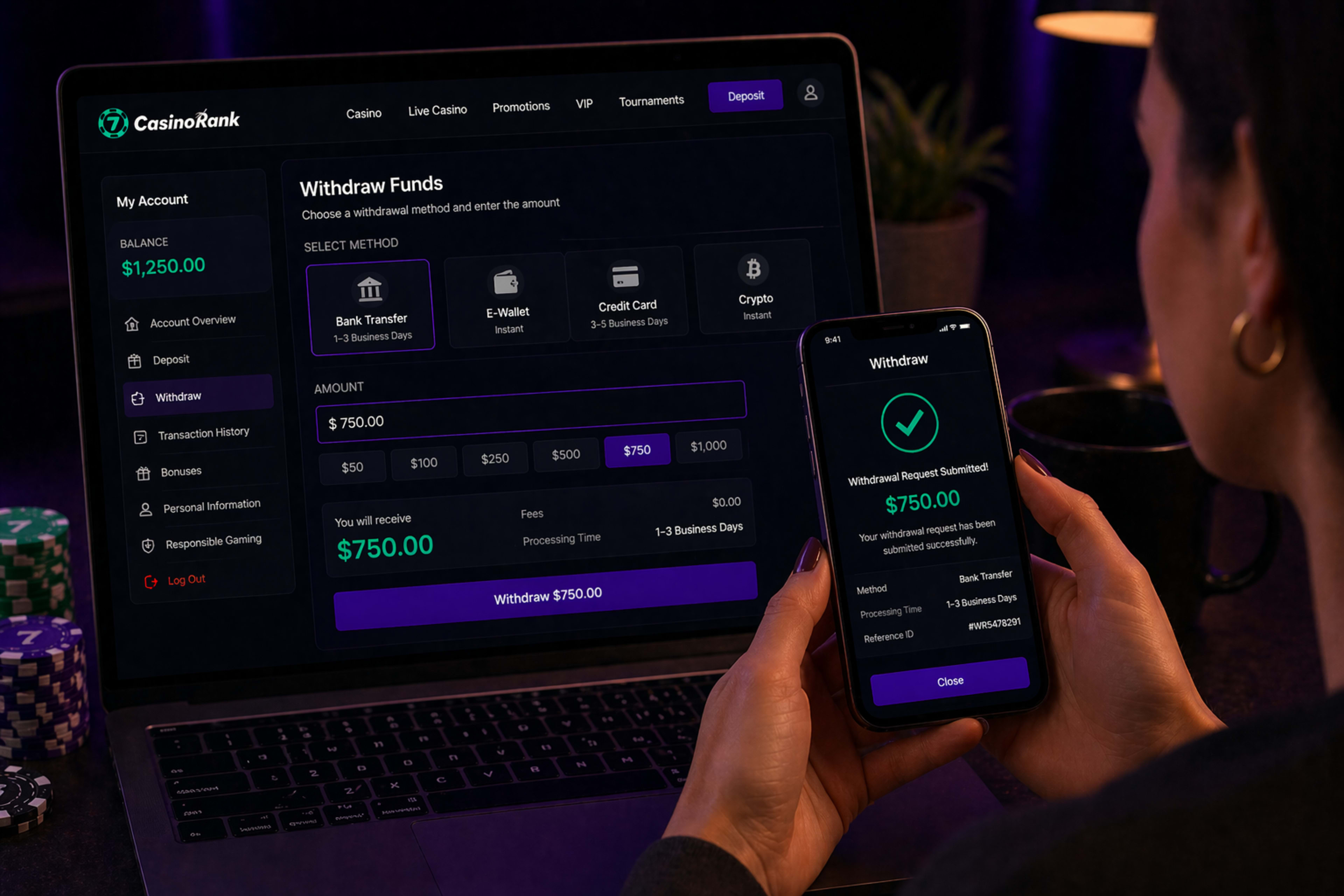 player withdrawing funds from her casino account