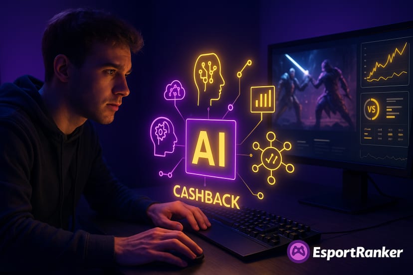 A young gamer in a neon-lit room interacts with holographic AI and data visuals representing esports betting predictions