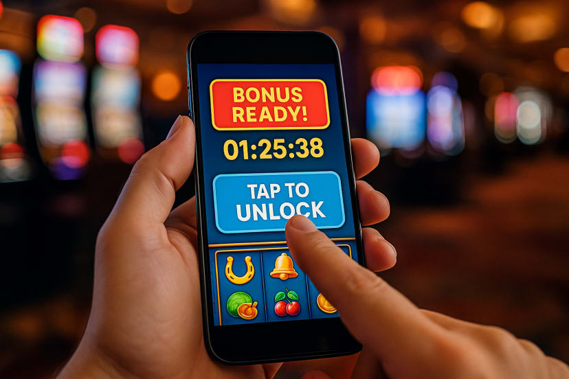 A person holding a smartphone showing a mobile casino app with a “Bonus Ready” countdown and a “Tap to Unlock” button, with blurred slot machines in the background.