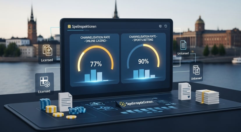 A modern data visualization scene set against the backdrop of Swedish landmarks (such as the Stockholm skyline or the Parliament building), symbolizing government oversight in gambling regulation. In the foreground, a digital dashboard displays contrasting channelisation rates: 77% for online casinos and 90% for sports betting, represented through glowing bar graphs or gauges. Surrounding elements include licensed vs. unlicensed operator icons, compliance documents, and a Spelinspektionen logo subtly integrated. The visual tone conveys analysis, regulation, and enforcement, with muted blues and golds reflecting Sweden’s national palette.  Style: clean infographics-meets-editorial realism; professional, regulatory, and data-driven aesthetic suitable for policy and iGaming reporting.