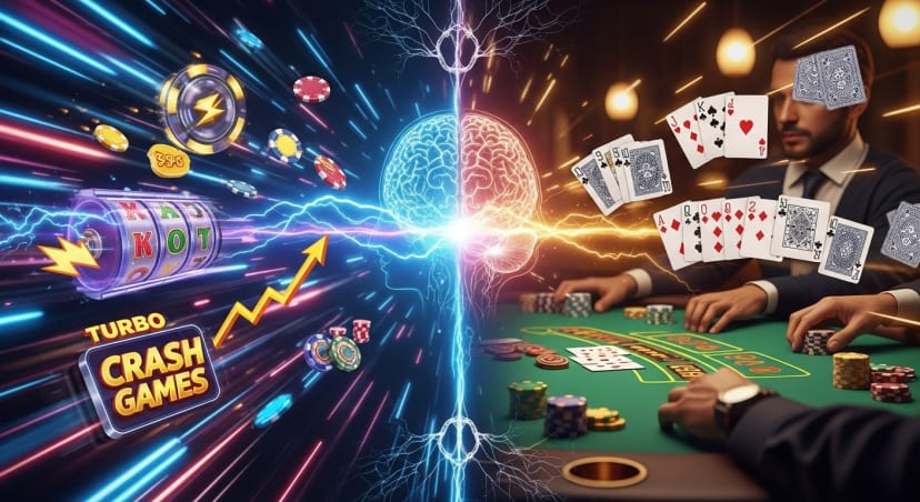 Abstract digital artwork showing glowing motion trails and casino icons symbolizing game speed, reward feedback loops, and player psychology.