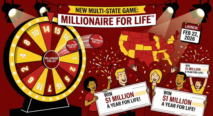 New multi-state lottery Millionaire for Life debuts Feb 22 with $1M/year for life prizes across 30+ jurisdictions
