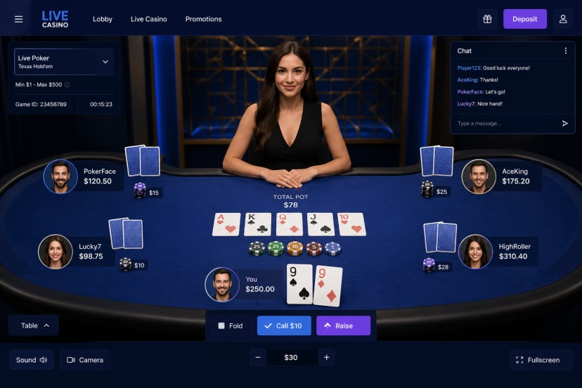 set-up for the online live dealer poker game