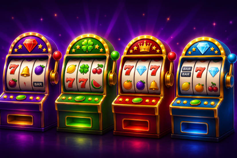 bright slot machines against a background of purple light