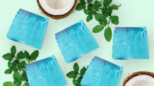 5 Lush Outback Mate soaps scattered amongst mint leaves and coconut halves