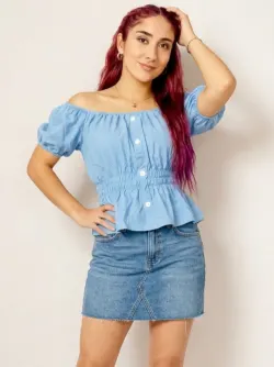 Blusa de Manga Corta con Botones y Cintura Elástica