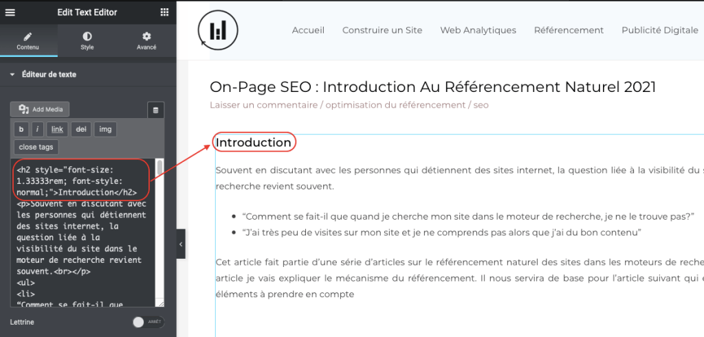 elementor les balises hn - référencement naturel sur WordPress